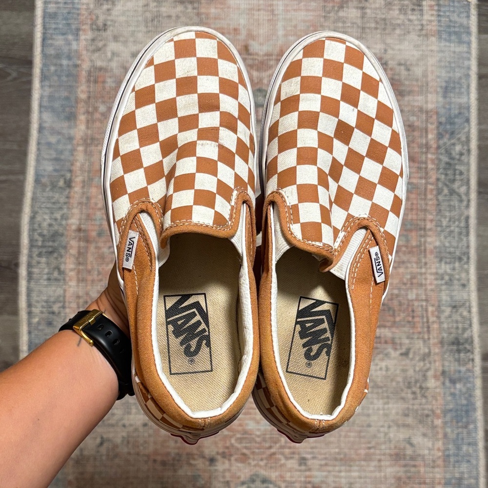 Vans Brown and White Checkerboard Slip-Ons